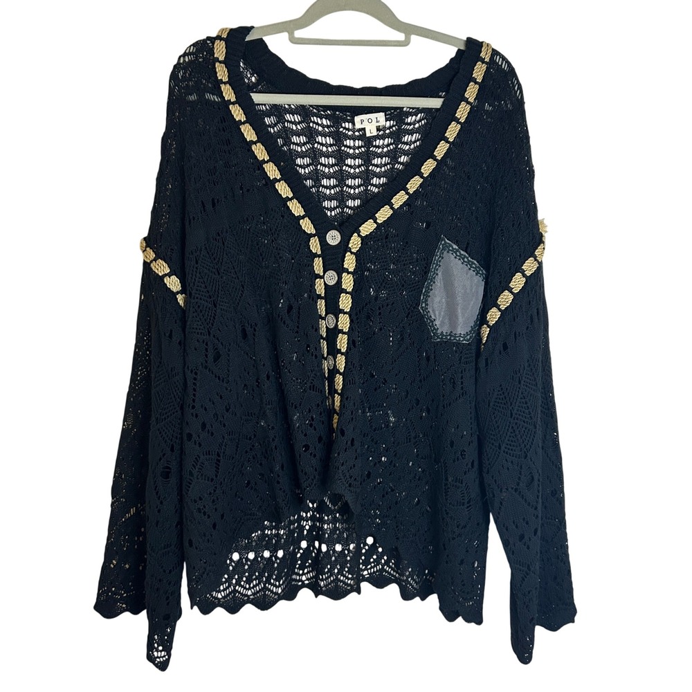 POL Womens Black Crochet Cardigan Rope Trim Oversized V-Neck Sweater Large